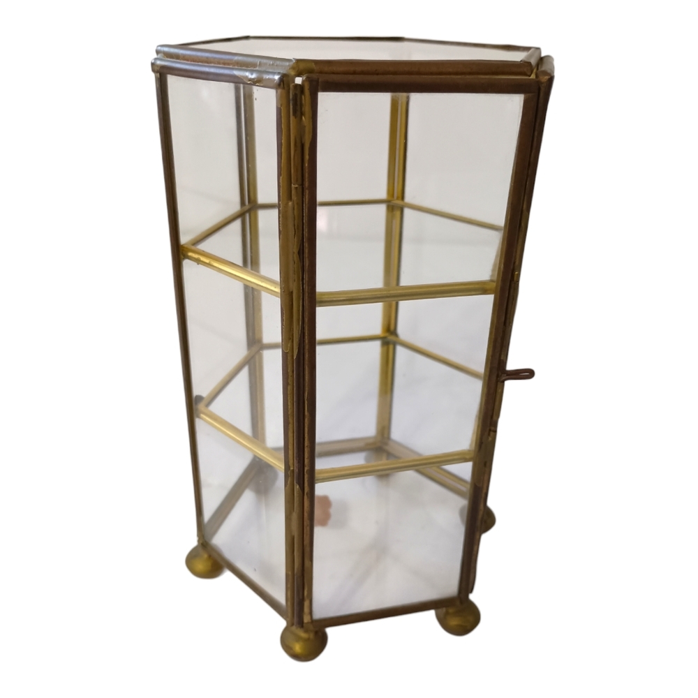 Vintage Glass Curio Cabinet Mini Brass Octagon 70s 80s Jewelry Trinket Box - Picture 13 of 16
